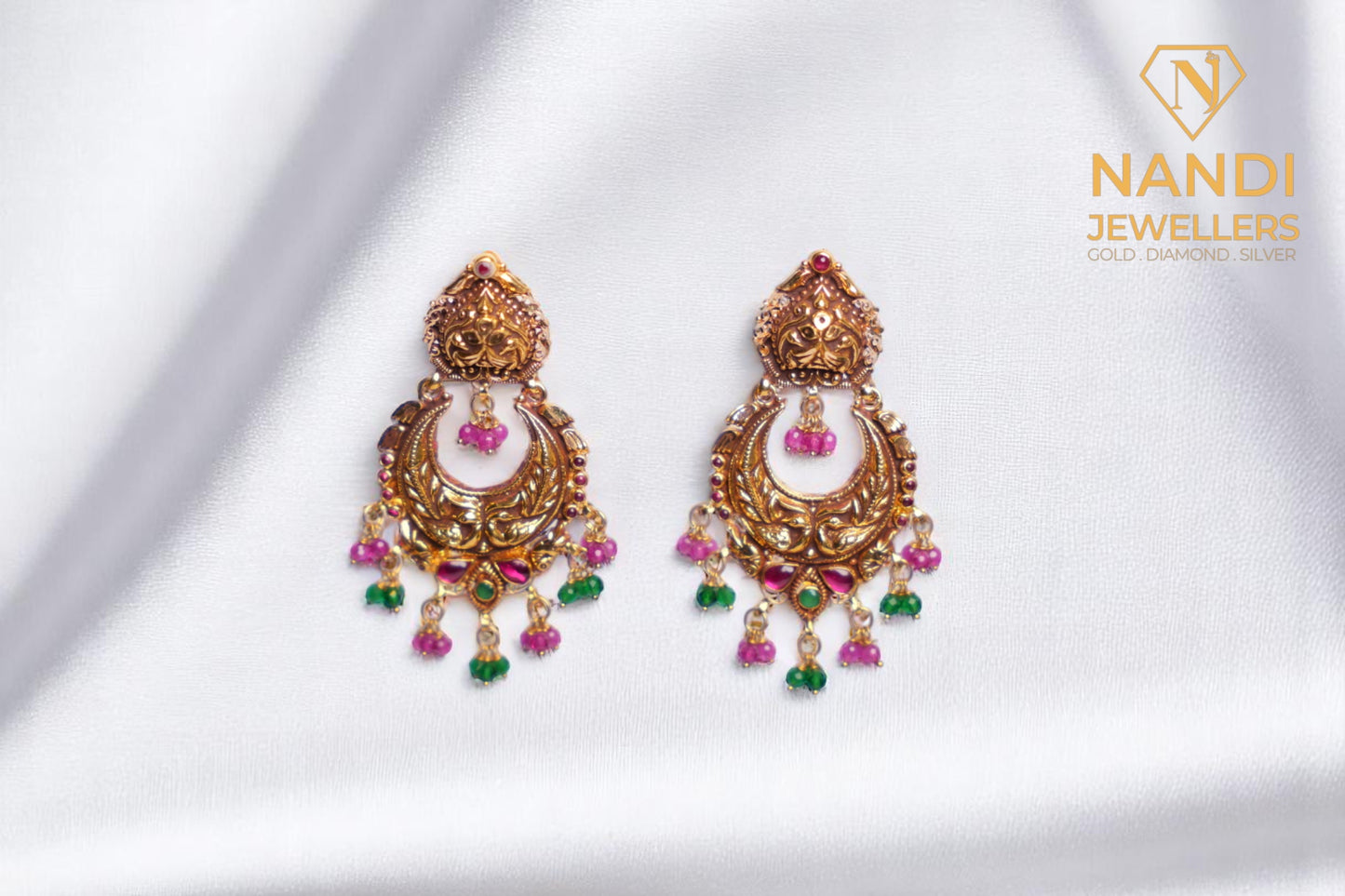 Antique Gold Nakshi Chandbali With Drops