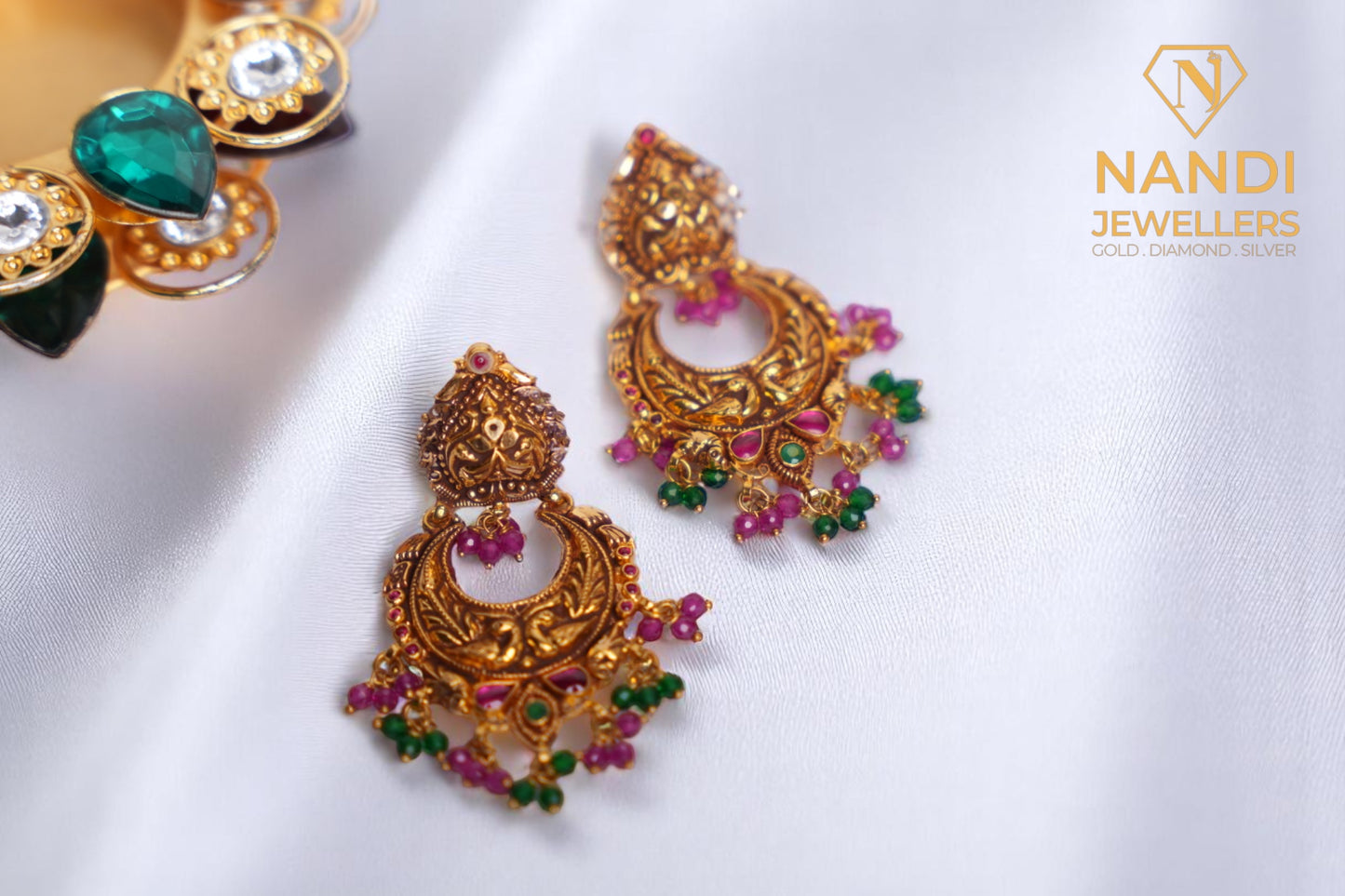 Antique Gold Nakshi Chandbali With Drops