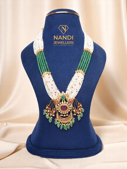 PEARL AND EMERALD PEACOCK LONG BEADS NECKLACE