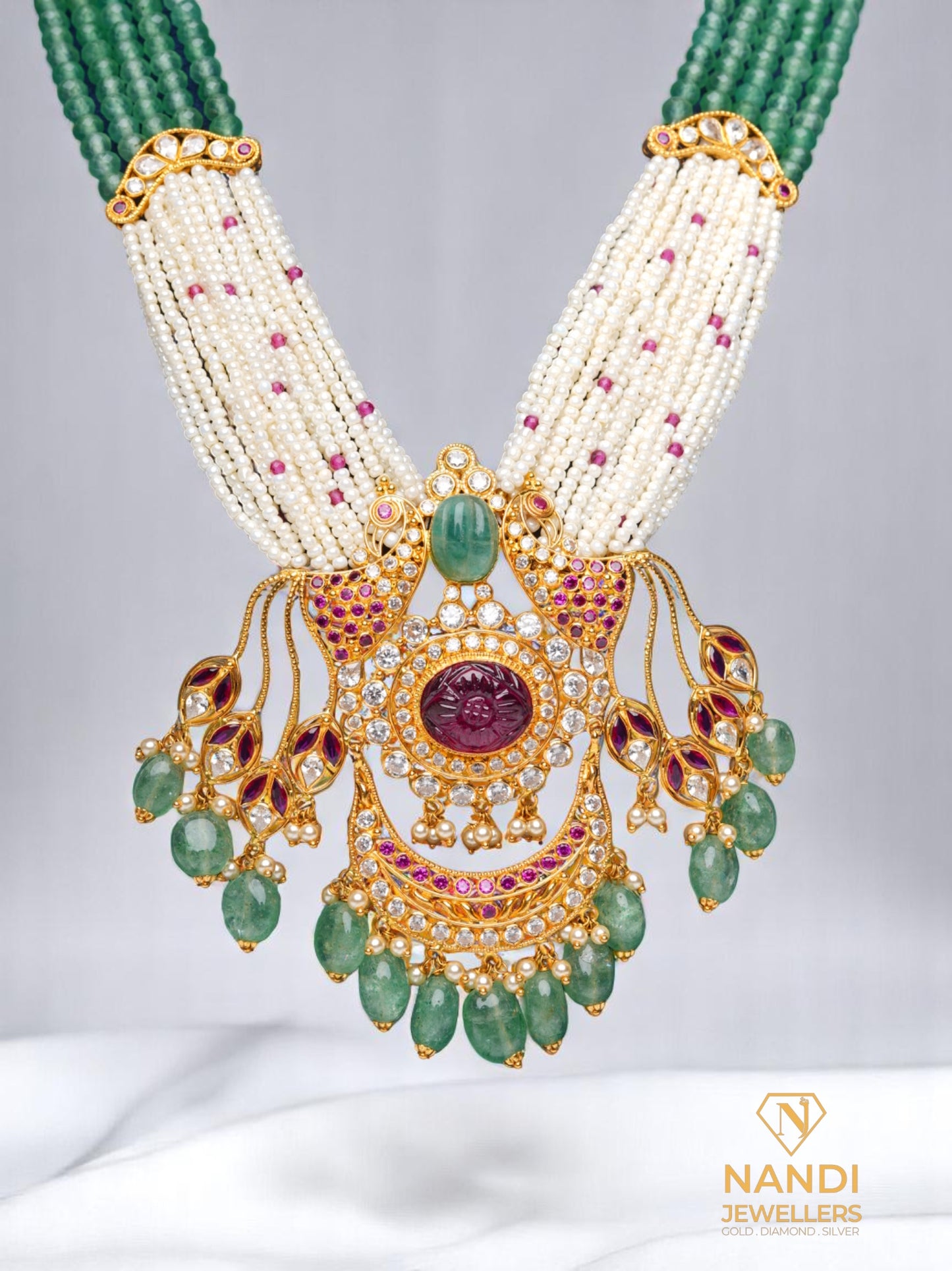 PEARL AND EMERALD PEACOCK LONG BEADS NECKLACE