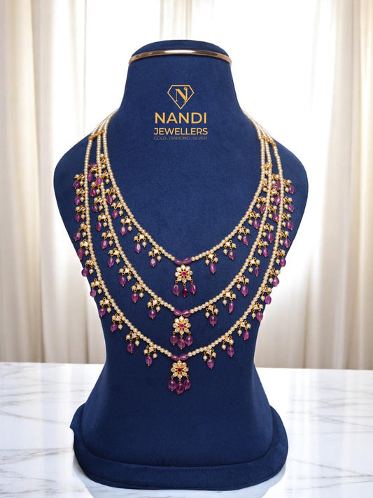 3 LAYERED AMETHYST PEARL LONG BEADS NECKLACE